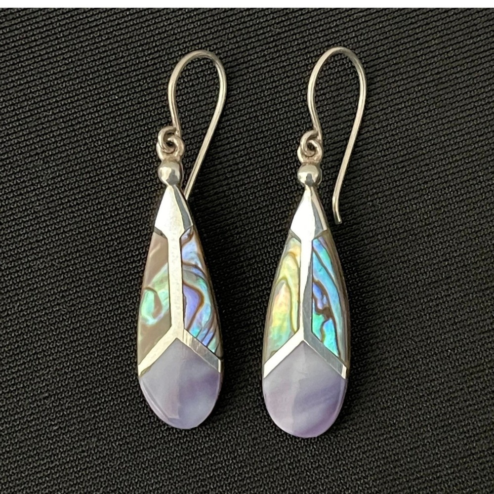 Vintage 925 Sterling Silver Abalone Shell Purple Inlay Dangle Drop Earrings